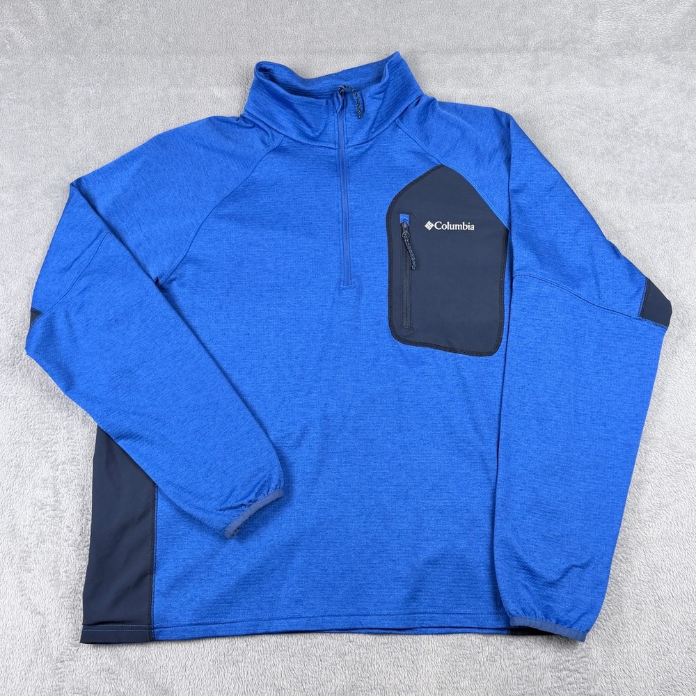 Columbia Men Blue Heathered Waffle Knit Quarter Zip Pullover Jacket Large XO0894